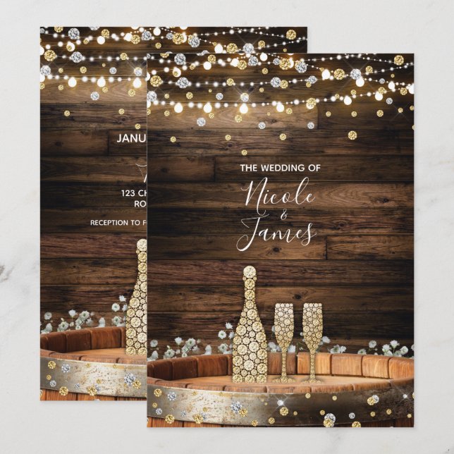 Rustic Wood Barrel Lights Champagne Modern Wedding Invitation (Front/Back)