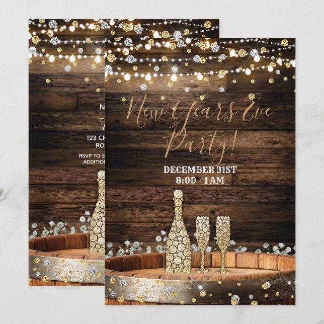 Rustic Wood Barrel Lights Champagne New Years Eve Invitation (Front/Back)