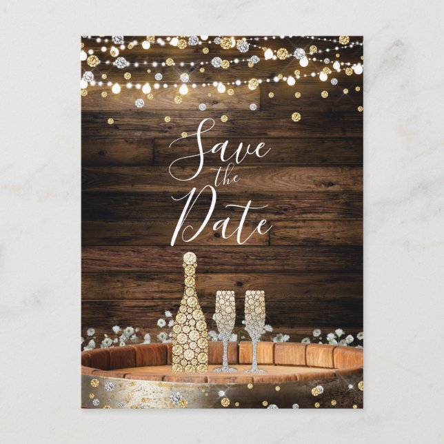 Rustic Wood Barrel Lights Champagne Save the Date Announcement Postcard (Front)