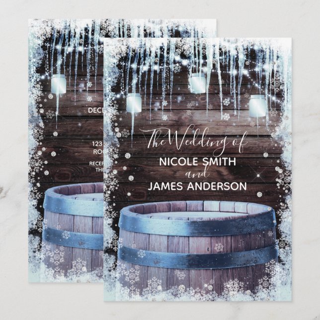 Rustic Wood Barrel & Lights Winter Barn Wedding Invitation (Front/Back)