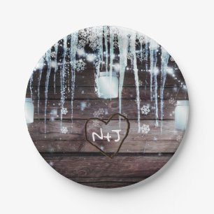 Rustic Wood Barrel & Lights Winter Barn Wedding Paper Plate