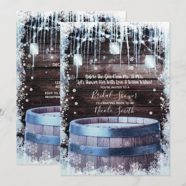 Rustic Wood Barrel & Lights Winter Bridal Shower Invitation (Front/Back)