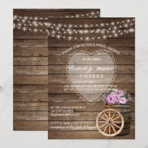 Rustic Wood Barrel Wedding and Pink Flowers Invitation
