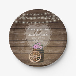 Rustic Wood Barrel Wedding and Pink Flowers Paper Plate