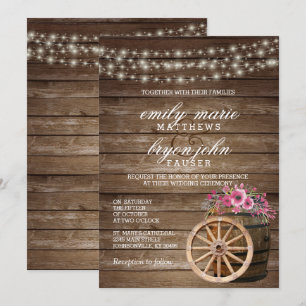 Rustic Wood Barrel Wedding with Pink Floral Invitation