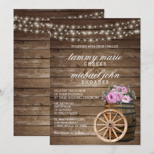 Rustic Wood Barrel Wedding with Pretty Pink Floral Invitation