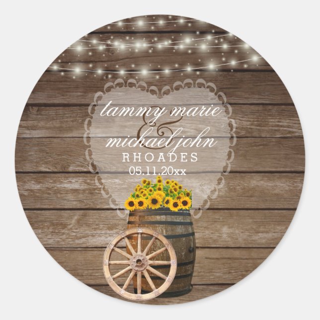 Rustic Wood Barrel Wedding with Sunflowers Classic Round Sticker (Front)
