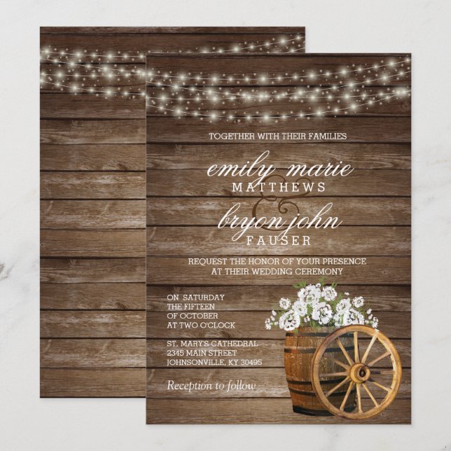 Rustic Wood Barrel Wedding with White Floral Invitation (Front/Back)