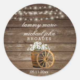 Rustic Wood Barrel Wedding with White Flowers 2 Classic Round Sticker