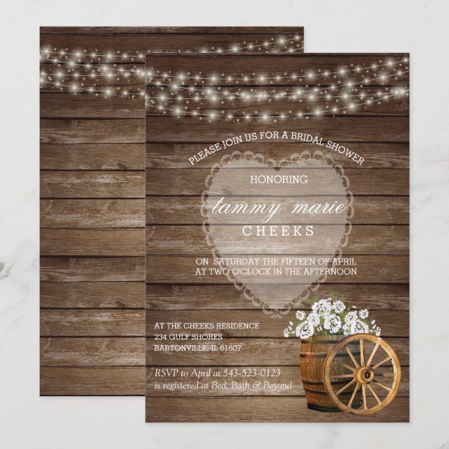 Rustic Wood Barrel Wedding with White Flowers Invitation (Front/Back)