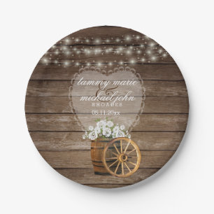 Rustic Wood Barrel Wedding with White Flowers Paper Plate