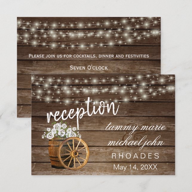 Rustic Wood Barrel White Flowers - Reception Invitation (Front/Back)