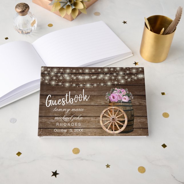 Rustic Wood Barrel  with Pink Flowers Guestbook (Front Open)