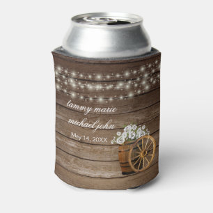 Rustic Wood Barrel with White  Flowers Can Cooler