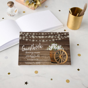 Rustic Wood Barrel with White Flowers Guestbook
