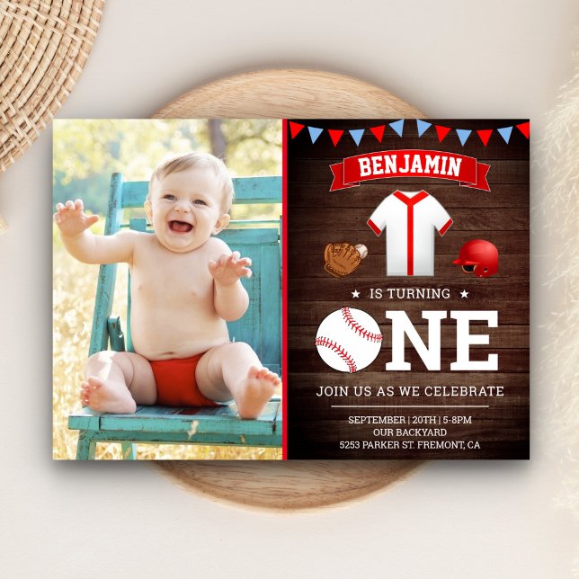Rustic Wood Baseball First Birthday Party Photo Invitation (Creator Uploaded)
