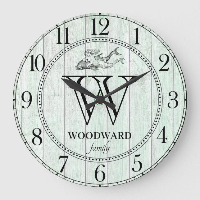 Rustic Wood Beach Lake House Family Name Mermaid Large Clock (Front)
