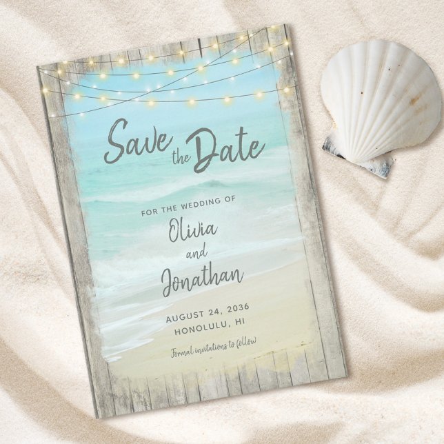Rustic Wood Beach Ocean Wedding String Lights Save The Date (Creator Uploaded)