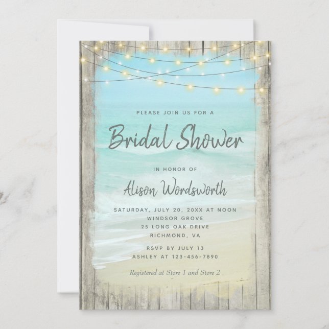 Rustic Wood Beach String Lights Bridal Shower Invitation (Front)