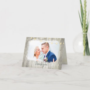 Rustic Wood Beach String Lights Photo Wedding Thank You Card