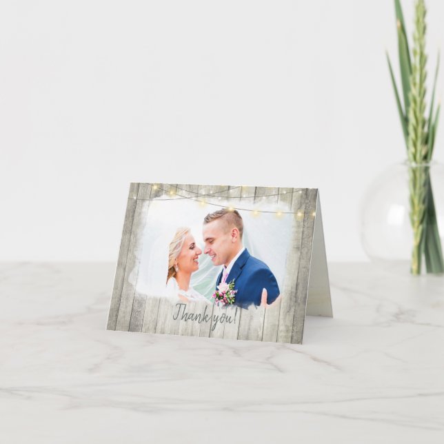 Rustic Wood Beach String Lights Photo Wedding Thank You Card (Front)