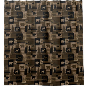 Rustic wood bear moose pattern shower curtain