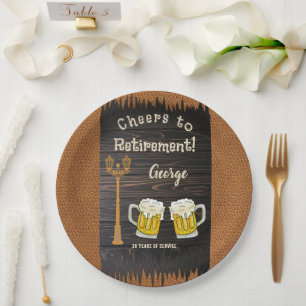 Rustic Wood & Beer & Leather Happy Retirement Paper Plate