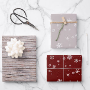 Rustic Wood Beige Red Snowflake Pattern Christmas Wrapping Paper Sheet