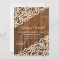 Rustic Wood & Beige / Tan Lace Wedding Invitation
