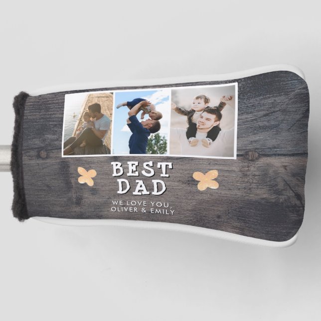 Rustic Wood Best Dad 3 Photo Collage Keepsake Golf Head Cover (Front)