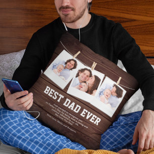 Rustic Wood Best Dad Ever 3 Photo Collage Throw Pillow