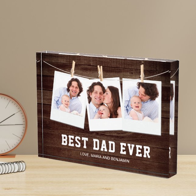 Rustic Wood Best Dad Ever Collage Father's Day Photo Block (Creator Uploaded)
