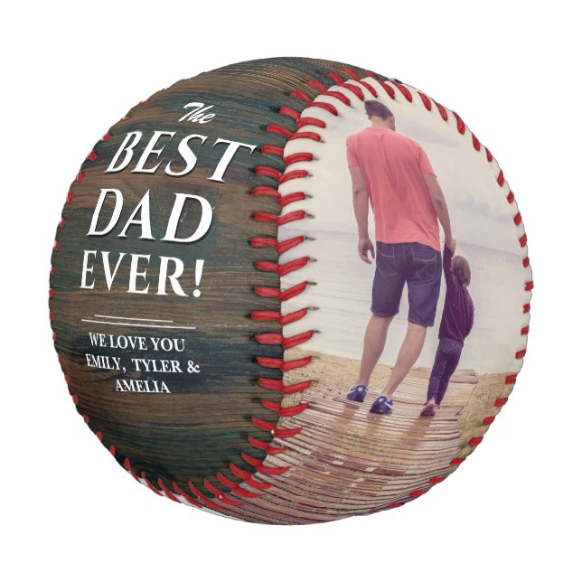 Rustic Wood Best Dad Ever Photo Collage Baseball (Angled)