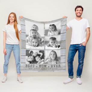 Rustic Wood BEST MOM EVER Auto B&W Photo Collage Fleece Blanket