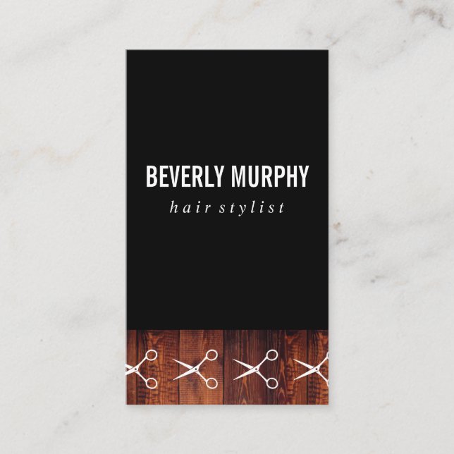 Rustic Wood Black with Shears Pattern Business Card (Front)