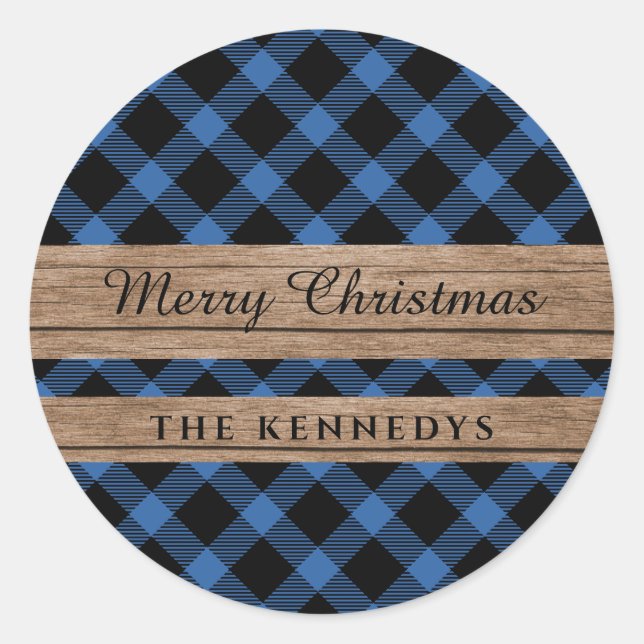 Rustic Wood Blue and Black Buffalo Plaid Christmas Classic Round Sticker (Front)