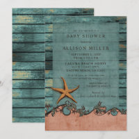 Rustic Wood Blue Coral Starfish Beach Baby Shower
