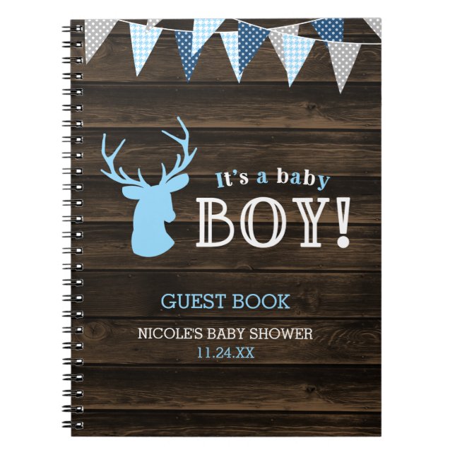 Rustic Wood Blue Deer Boy Baby shower Livre d'or (Devant)