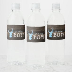 Rustic Wood Blue Deer Boy Baby Shower Water Bottle Label