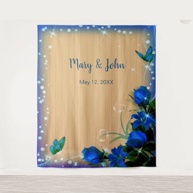 Rustic Wood Blue Floral Butterfly Backdrop Tapestry (Front)