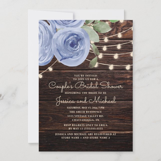 Rustic Wood Blue Floral Couple's Bridal Shower Invitation (Front)