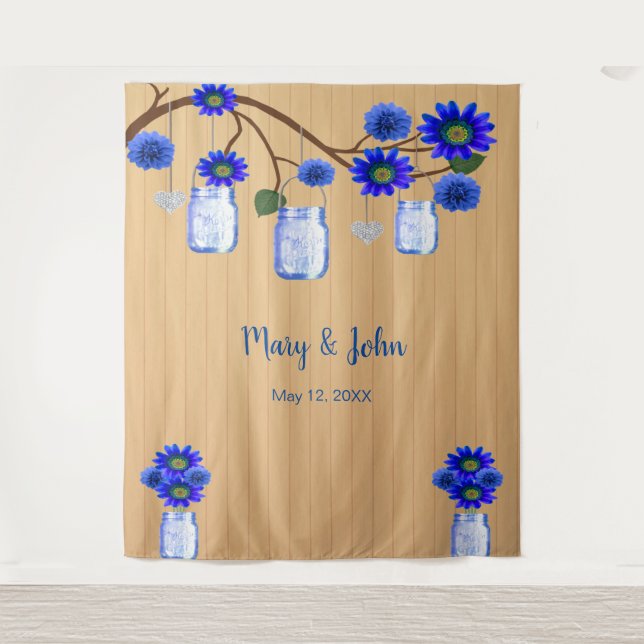 Rustic Wood Blue Floral Mason Jars Photo Backdrop Tapestry (Front)