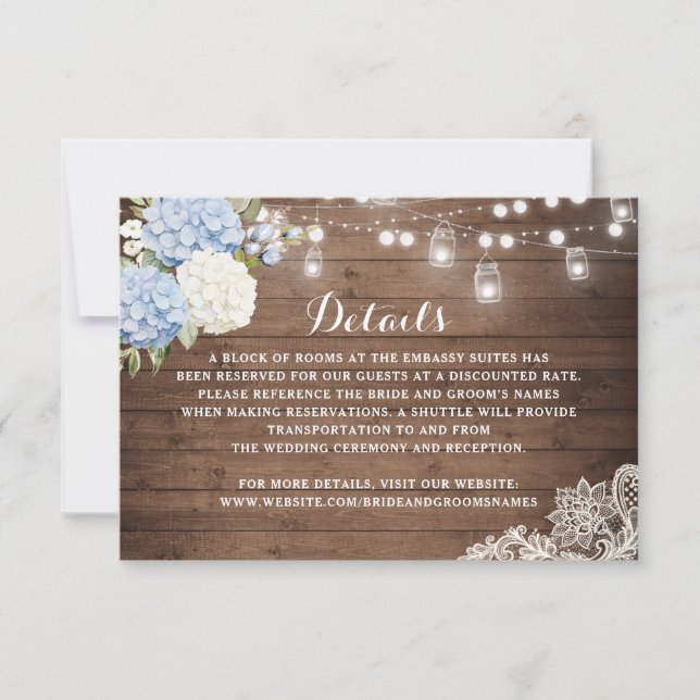 Rustic Wood Blue Hydrangea String Lights Details Invitation (Front)