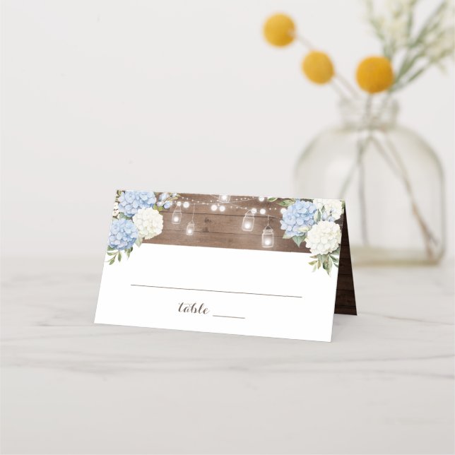 Rustic Wood Blue Hydrangea String Lights Mason Jar Place Card (Front)