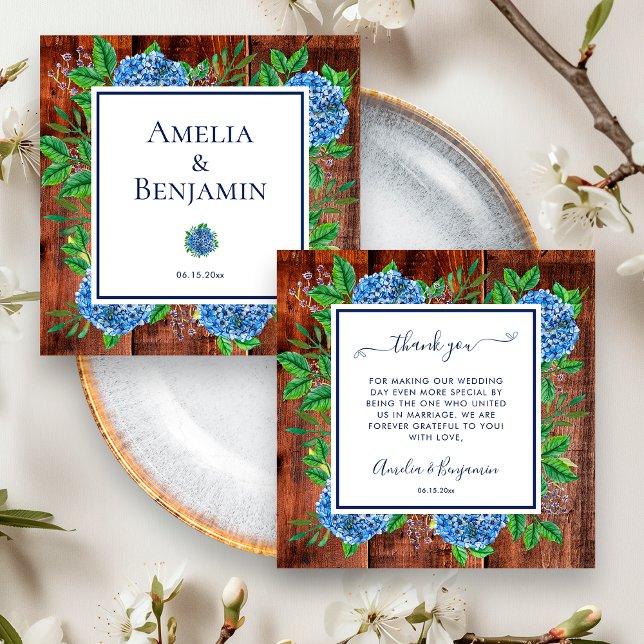 Rustic Wood Blue Hydrangeas Wedding Officiant Thank You Card (Front / Back)
