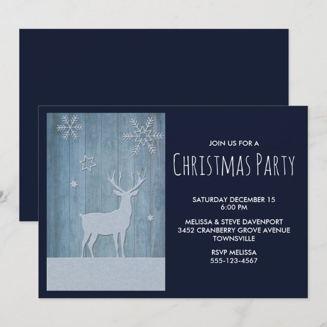 Rustic Wood Blue Reindeer Country Christmas Invitation (Front/Back)