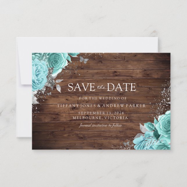 Rustic Wood Blue Teal Aqua Roses Floral Wedding Save The Date (Front)