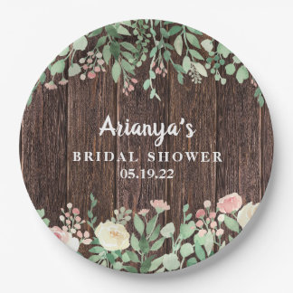 Rustic Wood Blush Floral Bridal Shower Decor Paper Plate