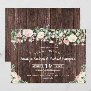 Rustic Wood Blush Floral Lights Wedding Invitation