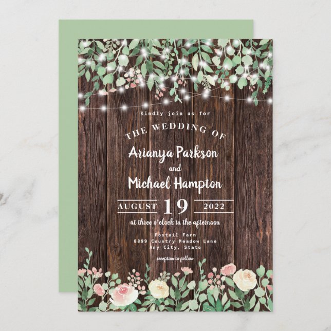 Rustic Wood Blush Floral Lights Wedding Invitation (Front/Back)